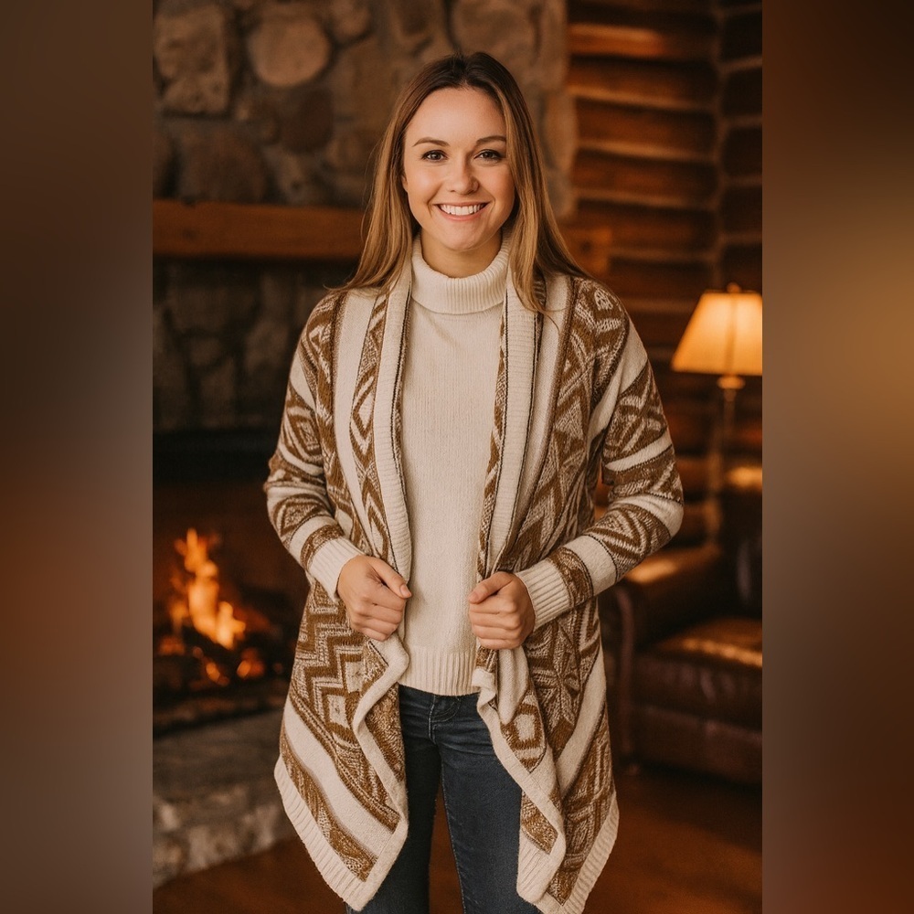 Old Navy Cream and Caramel Open Front Waterfall Cardigan,Aztec Bohemian Print, S